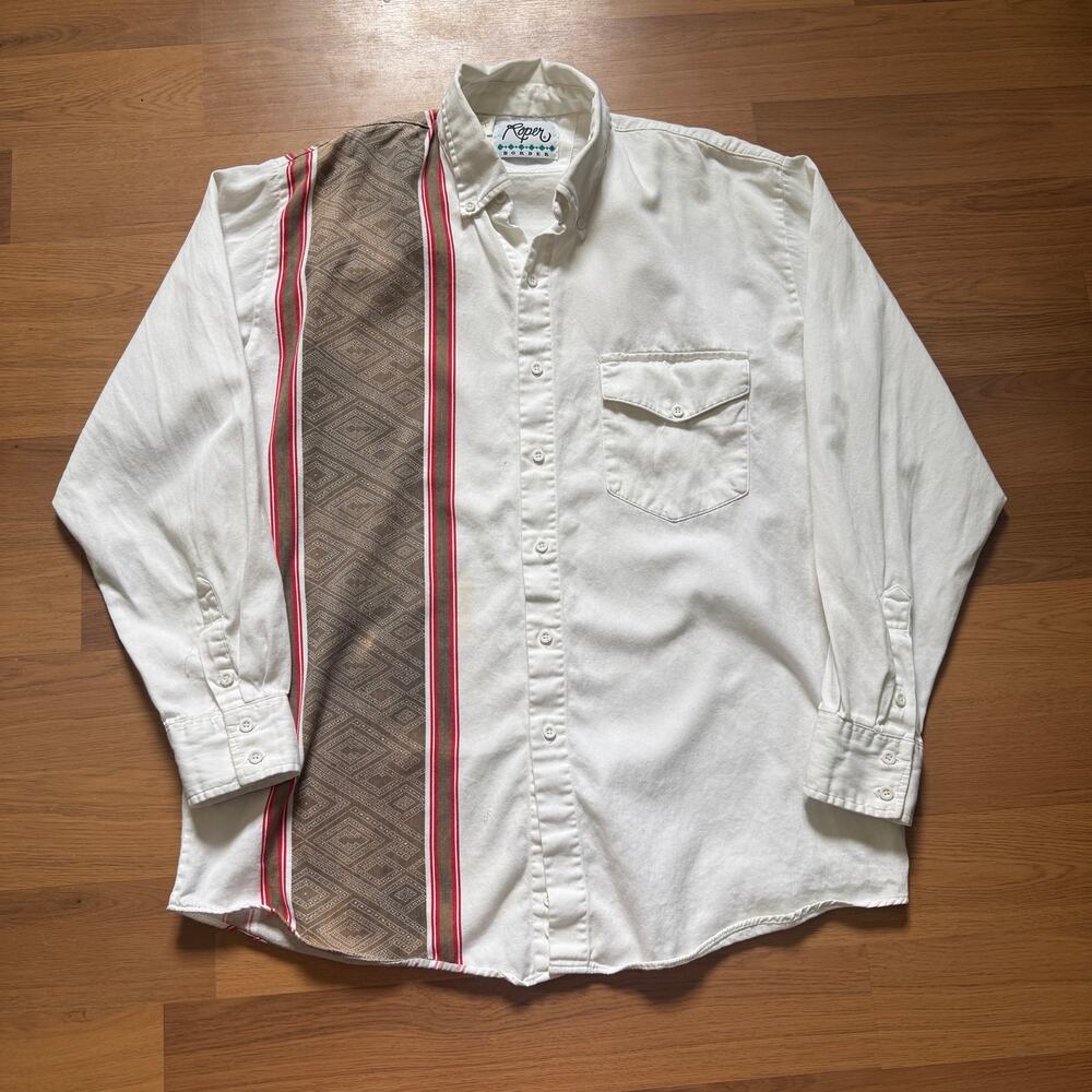 Men's Vintage 90's Roper Border White Brown Western Long Sleeve Shirt Sz Large